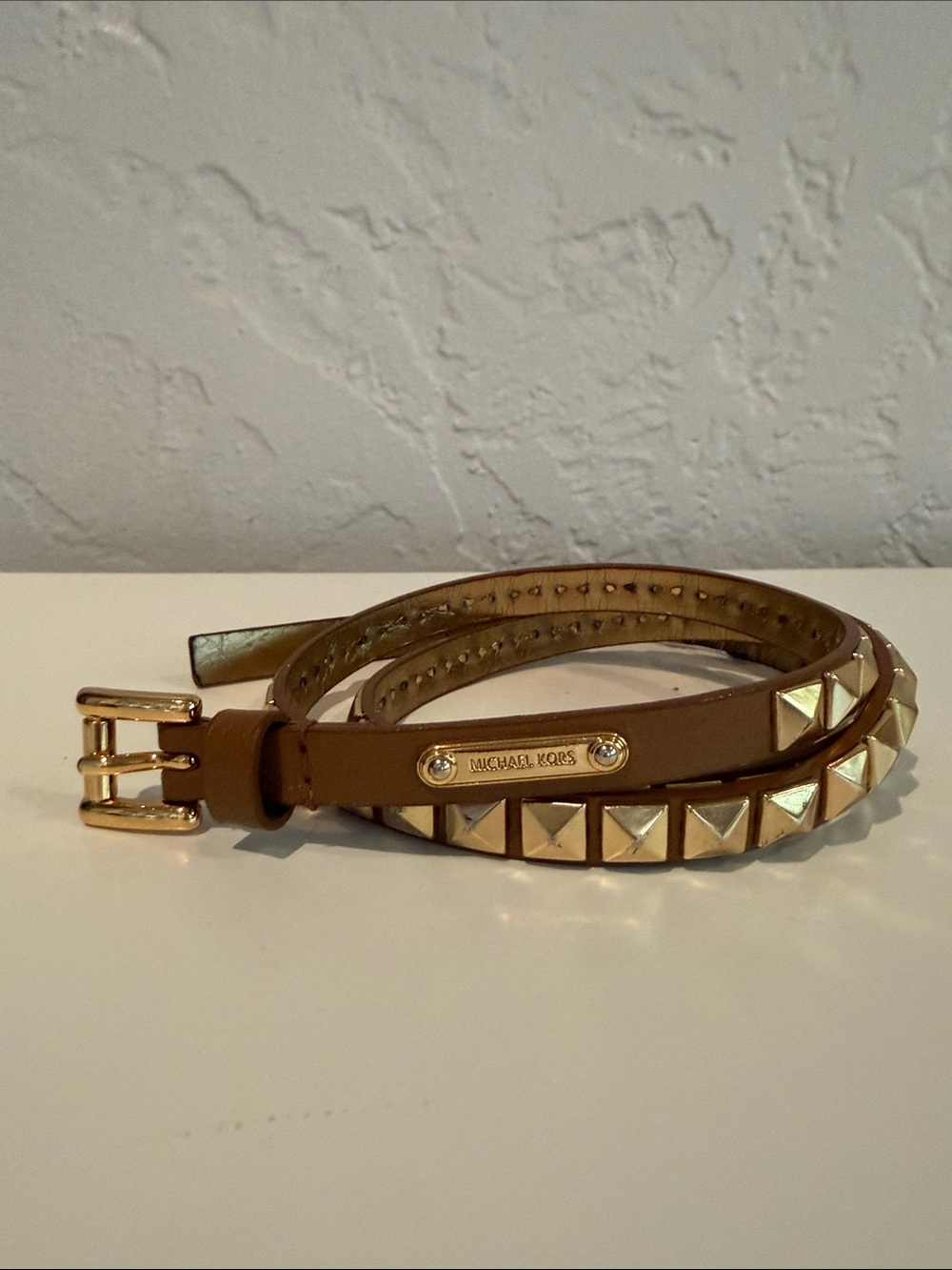 Michael Kors Brown Leather Belt with Gold Pyramid Studs
